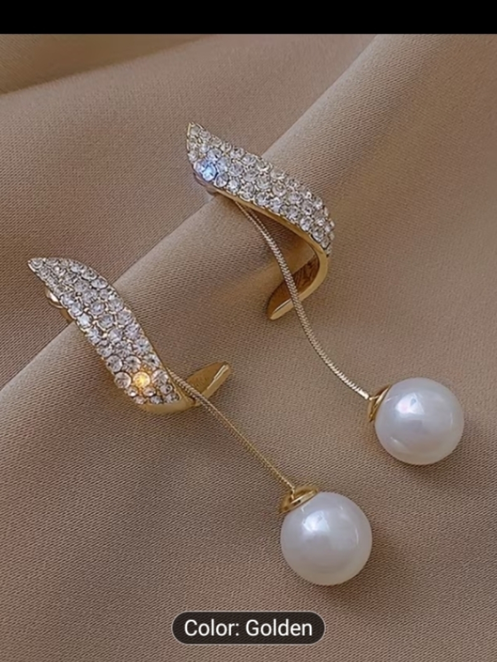 Golden Crystal Wave Drop Earrings with Pearl Spheres